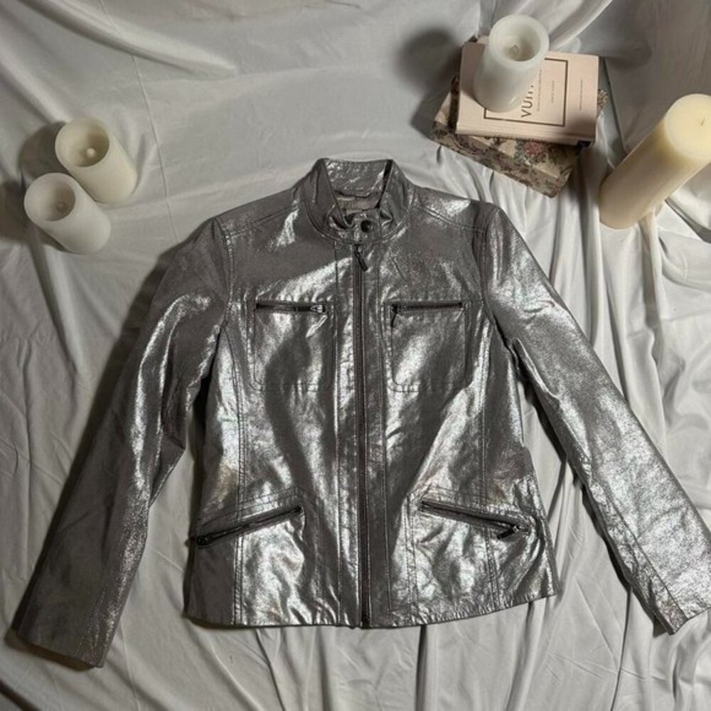 cyber y2k futuristic silver moto jacket